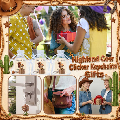 Junkin 24 Sets Highland Cow Clicker Fidget Keychain 3D Printed Clicker Fidget Decompression Button Stress Relief Gifts with Positive Cards for Animal Lovers Graduation Birthday Party Favors Office