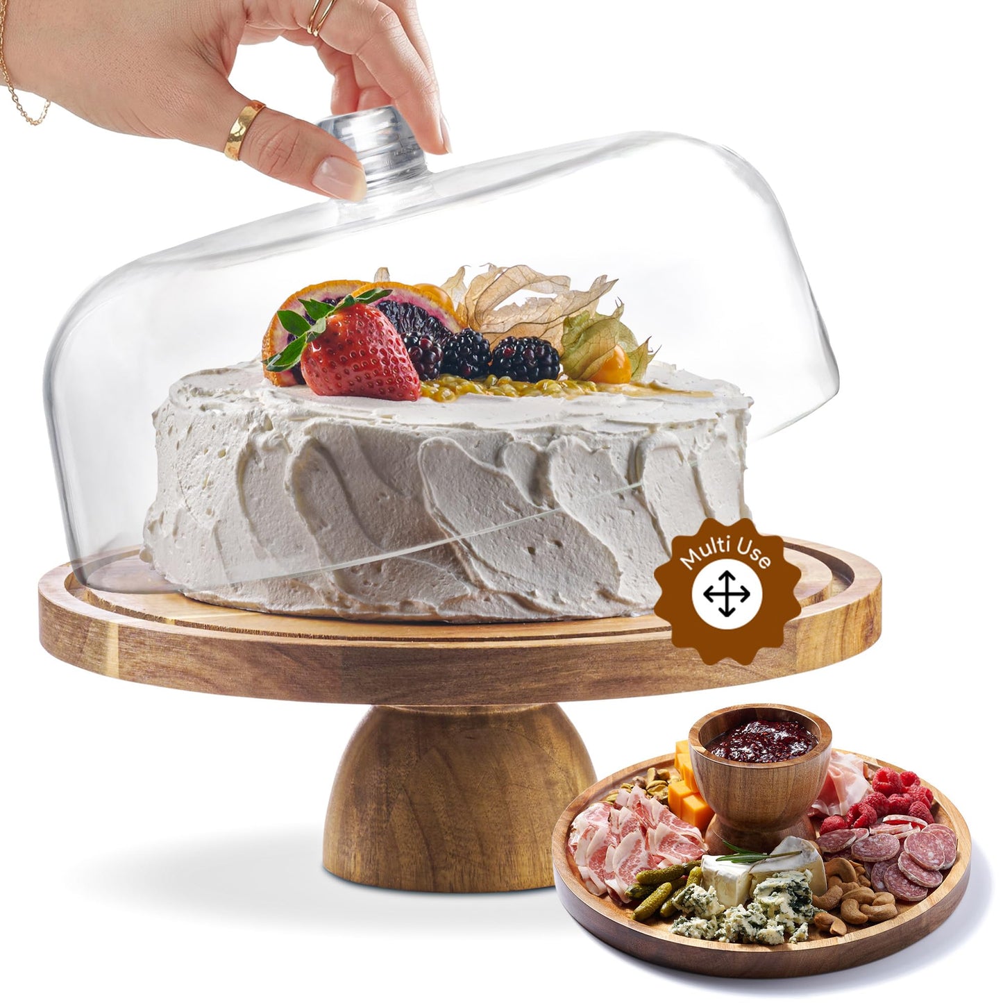 HOMESPHERE Acacia Wood Cake Stand with Lid - Cake Stand with Dome,12in Round Cake Holder, 2-in-1 Dessert Table Display Set & Charcuterie Board for Cheese, Chips & Dips, Fruit Platter, Large Acrylic Cake Dome Cover