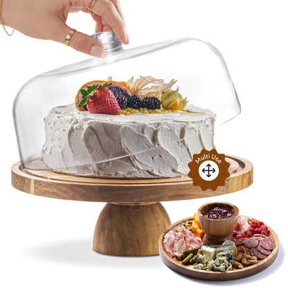 HOMESPHERE Acacia Wood Cake Stand with Lid - Cake Stand with Dome,12in Round Cake Holder, 2-in-1 Dessert Table Display Set & Charcuterie Board for Cheese, Chips & Dips, Fruit Platter, Large Acrylic Cake Dome Cover