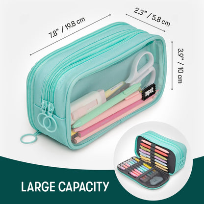 ZIPIT Half & Half Pencil Case, 3 Compartment Zipper Pouch for School, Stationery Bag for Teen Girls Boys and Adults, Mint