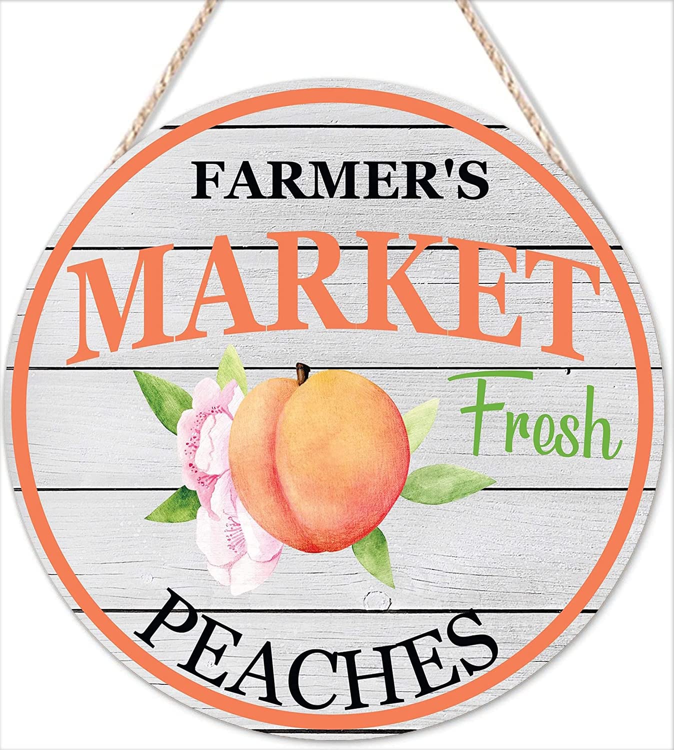 Round Wood Wall Sign Plaque Peach Wreath Sign Summer Peaches Wreath Sign Rustic Farmhouse Porch Kitchen Garden Decor Wooden Hanging 8x8 Inch Housewarming Gifts Home Decor