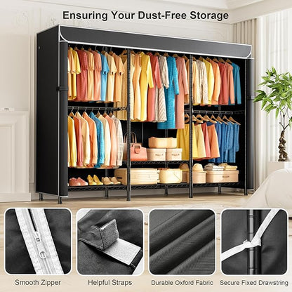 SEMHOR K01C Heavy Duty Clothes Rack with Cover, Freestanding Portable Closet System with Shelves, Adjustable Carbon Steel Garment Rack, Black Clothing Racks for Hanging Clothes, 860LBS Max Load