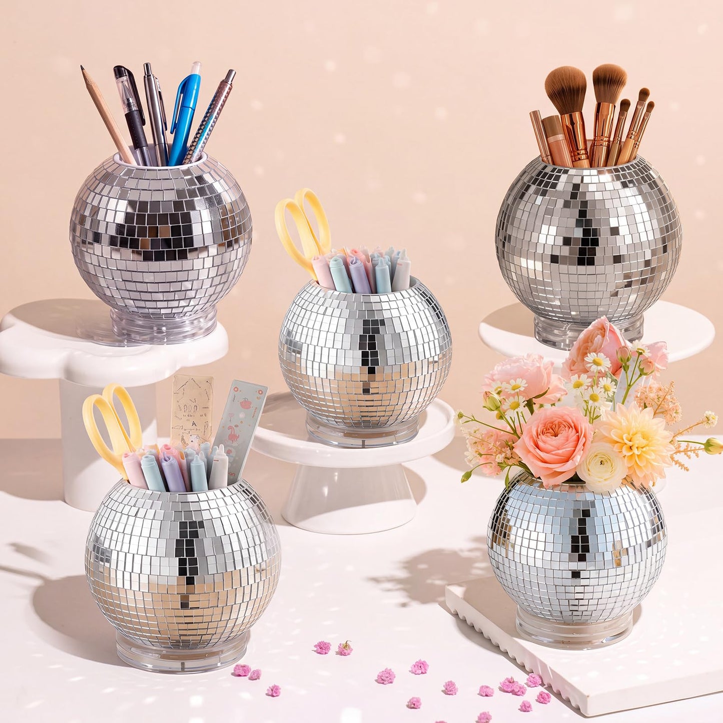Gandeer 360 Degree Rotating Disco Ball Pencil Holder for Desk 4.5 Inch Back to School Desk Accessories Disco Pen Makeup Brush Organizer with Silver Sequins for Office Classroom Bedroom Decor