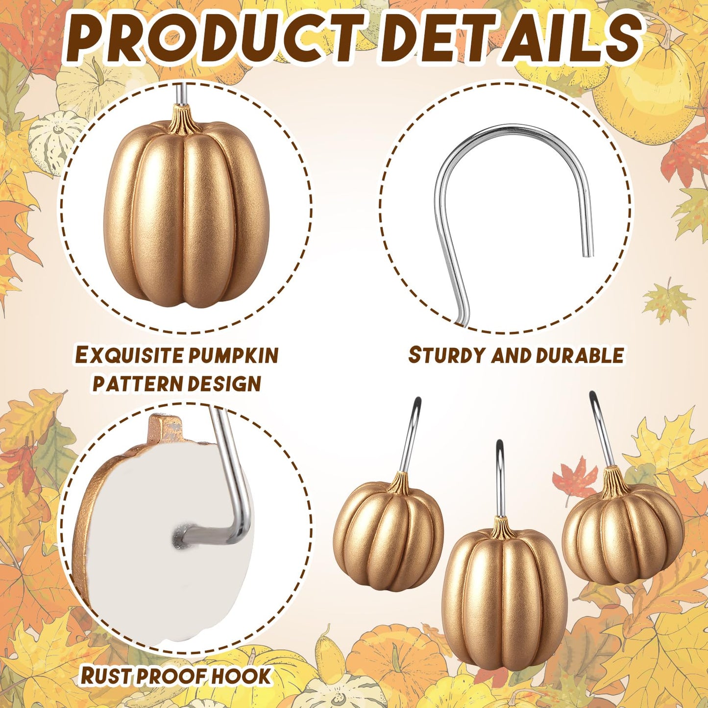 Weysat 12 Pcs Pumpkin Decorative Shower Curtain Hooks Fall Shower Curtain Rings Hanger Stainless Steel Resin Thanksgiving Bathroom Hook for Halloween Farmhouse Rustic Bathroom Decor(Gold,Pumpkin)