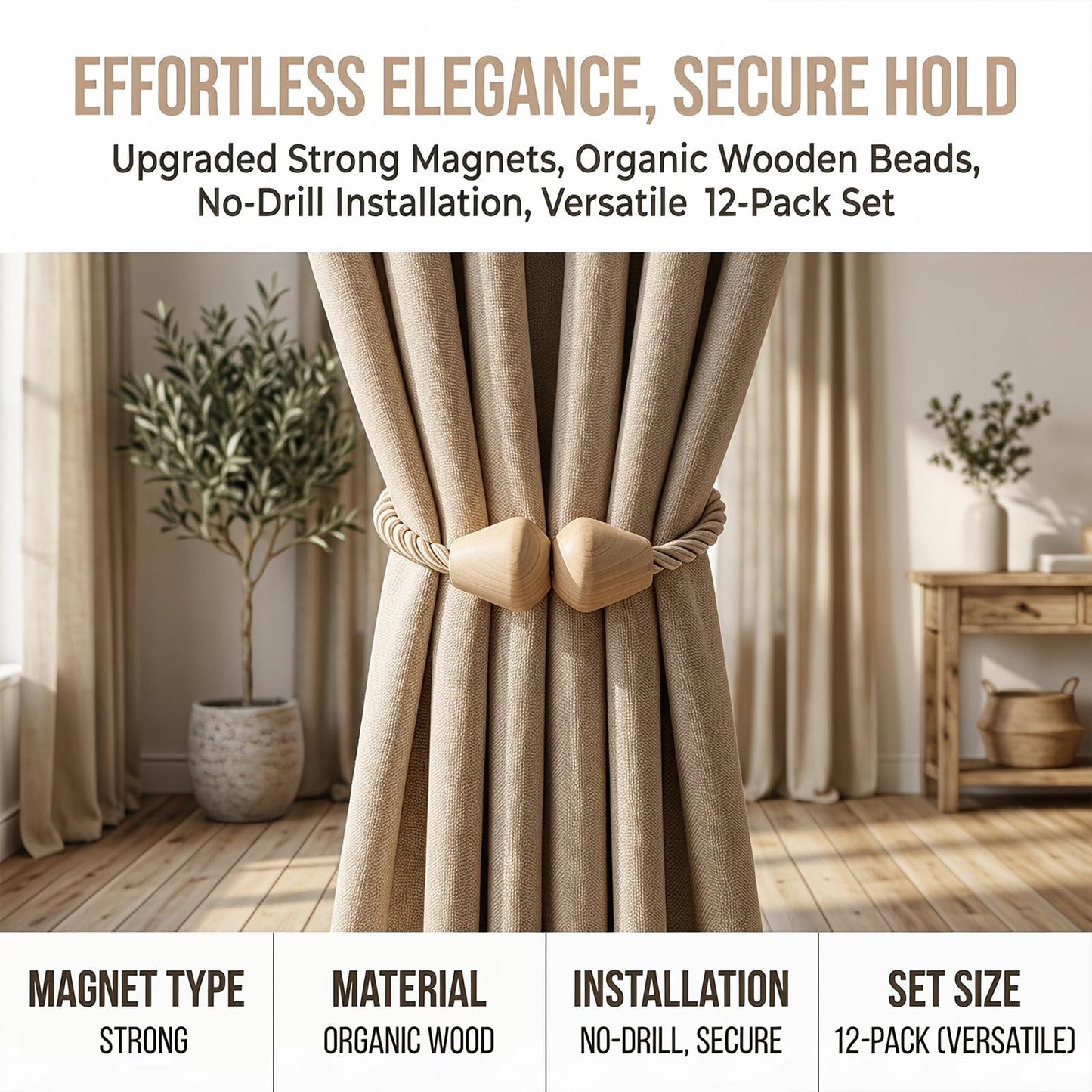 YERGOFE 12 Pack Boho Wood Magnetic Curtain Tiebacks