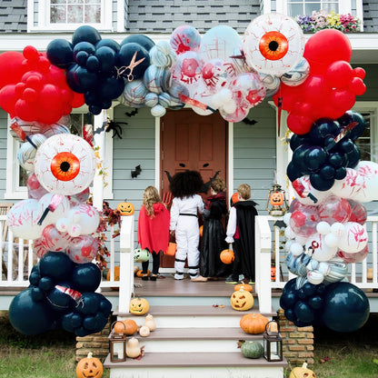 Halloween Balloons Arch Scary Bloody Red White Balloons Garland with Spider Web 3D Spider Stickers Eyeball Blood Handprint Latex Helium Balloon Halloween Birthday Party Decorations Haunted House