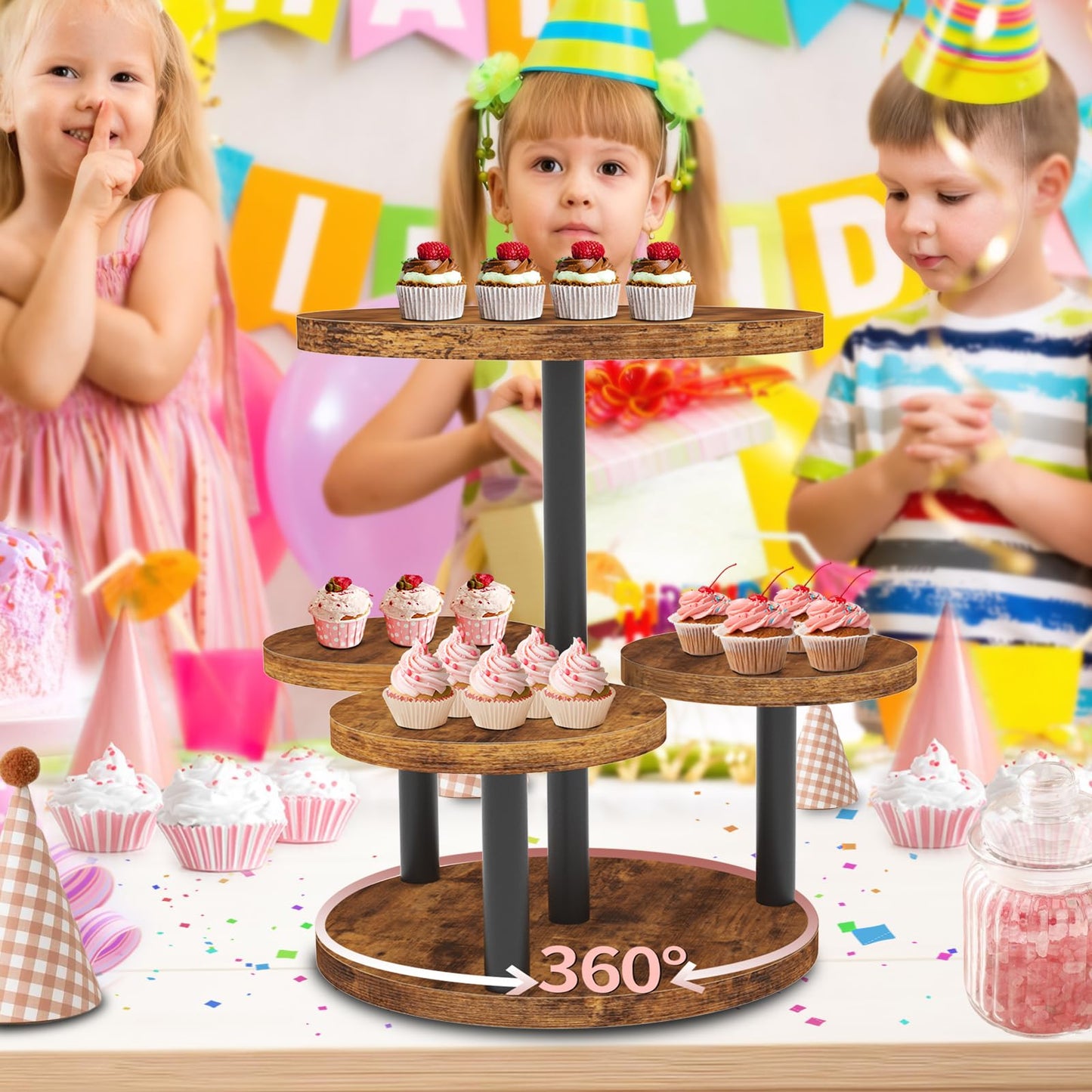 Cupcake Stand 4 Tier, 360° Rotatable Cupcake Stand, Rustic Industrial Wood Cupcake Tower Stand, Dessert Table Display Set Tiered Tray Stand, Round Serving Tray for Party Wedding Birthday
