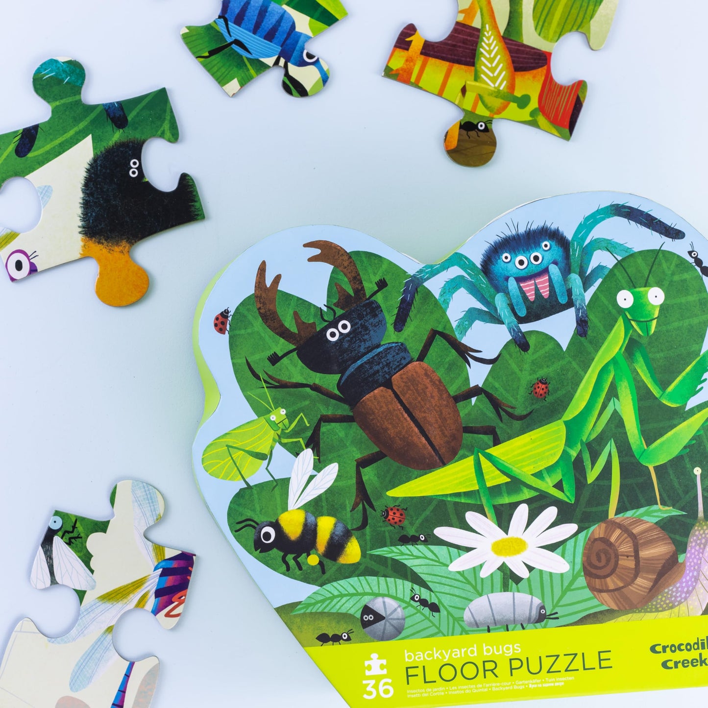 Crocodile Creek 36-Piece Jigsaw Floor Puzzle - Fun Floor Puzzles for Kids Ages 3-5 - Heavy-Duty Shaped Box for Storage - Backyard Bugs - 24" W x 18" H Finished