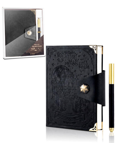 CAGIE Gothic Castle Leather Journal with Pen, Magic Theme Textured Lined Notebook, 100GSM Hardcover Writing Diary Gift Set for Men Women Teens, Black