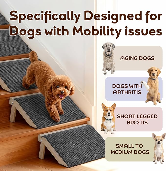2 Pack Non-Slip Wooden Pet Ramp for Small Dogs, Gentle Slope Stair Ramp for Puppies, Senior Pets & Cats, Easy to Use Indoor Pet Access Ramp