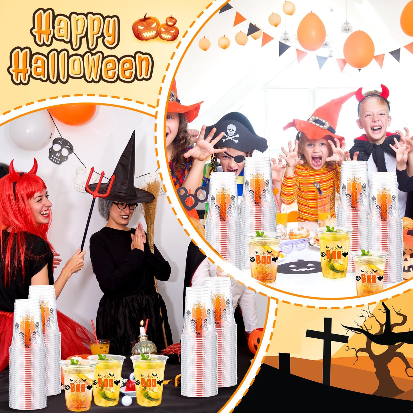 Tiangrid 100 Pcs Halloween Plastic Cups Bulk 16 oz Disposable Halloween Boo Party Cups Spooky Clear Plastic Glasses for Trick or Treat Scary Party Supplies Cold Drinks