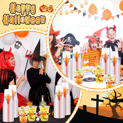 Tiangrid 100 Pcs Halloween Plastic Cups Bulk 16 oz Disposable Halloween Boo Party Cups Spooky Clear Plastic Glasses for Trick or Treat Scary Party Supplies Cold Drinks