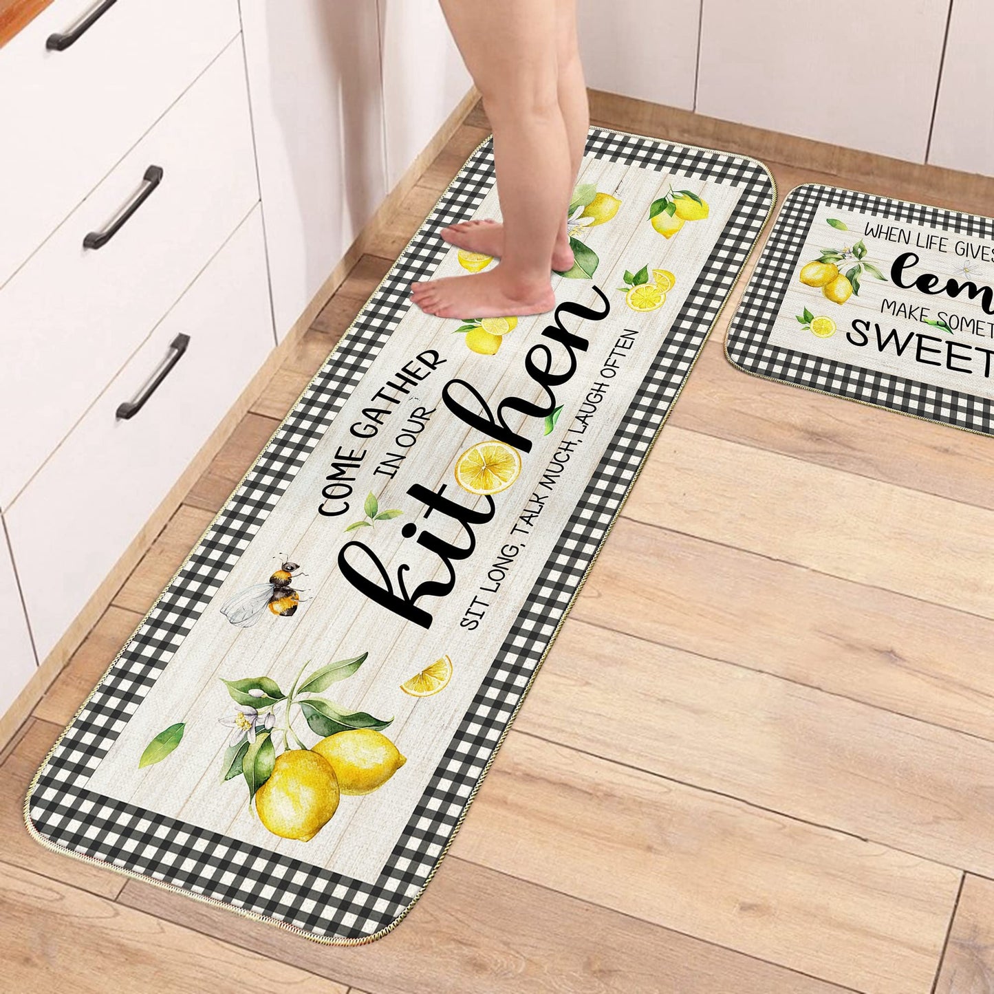 Lemon Kitchen Mat Set of 2, Kitchen Mats for Floor, Farmhouse Lemon Kitchen Decor Floor Mats Non Slip, Kitchen Runner Rug Carpet 17x29 and 17x47 Inch