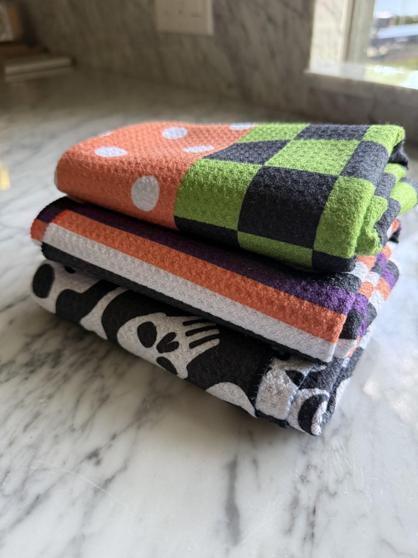 Desert Aqua || 3 Pack|| Double Sided Dish Towels || Waffle Weave Microfiber || Tea Towels || Highly Absorbent || Hanging Loop || Dish Cloths || Modern || Designer Prints (Halloween Multi)