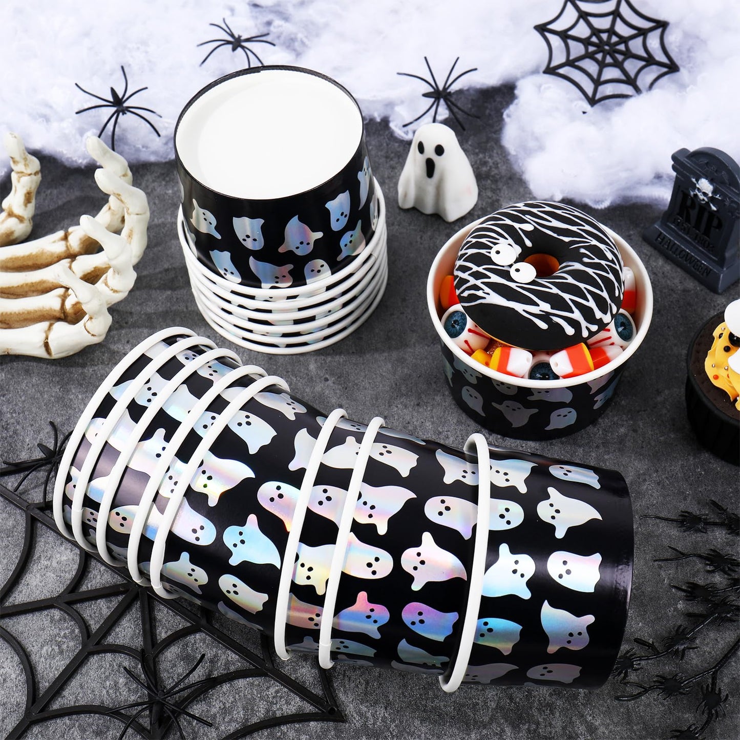 JarThenaAMCS 50Pcs Halloween Snack Cups Iridescent Ghost Candy Paper Treat Cups 8oz Cute Spooky Boo Disposable Dessert Soup Bowl for Hot or Cold Foods Halloween Fall Party Supplies