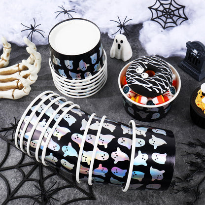 JarThenaAMCS 50Pcs Halloween Snack Cups Iridescent Ghost Candy Paper Treat Cups 8oz Cute Spooky Boo Disposable Dessert Soup Bowl for Hot or Cold Foods Halloween Fall Party Supplies