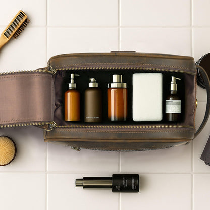 Rasavi Genuine Leather Travel Toiletry Bag, Handcrafted Vintage Water-Resistance Dopp Kit, Large Shaving & Bathroom Organizer - Gift for Men & Women - Rustic Town