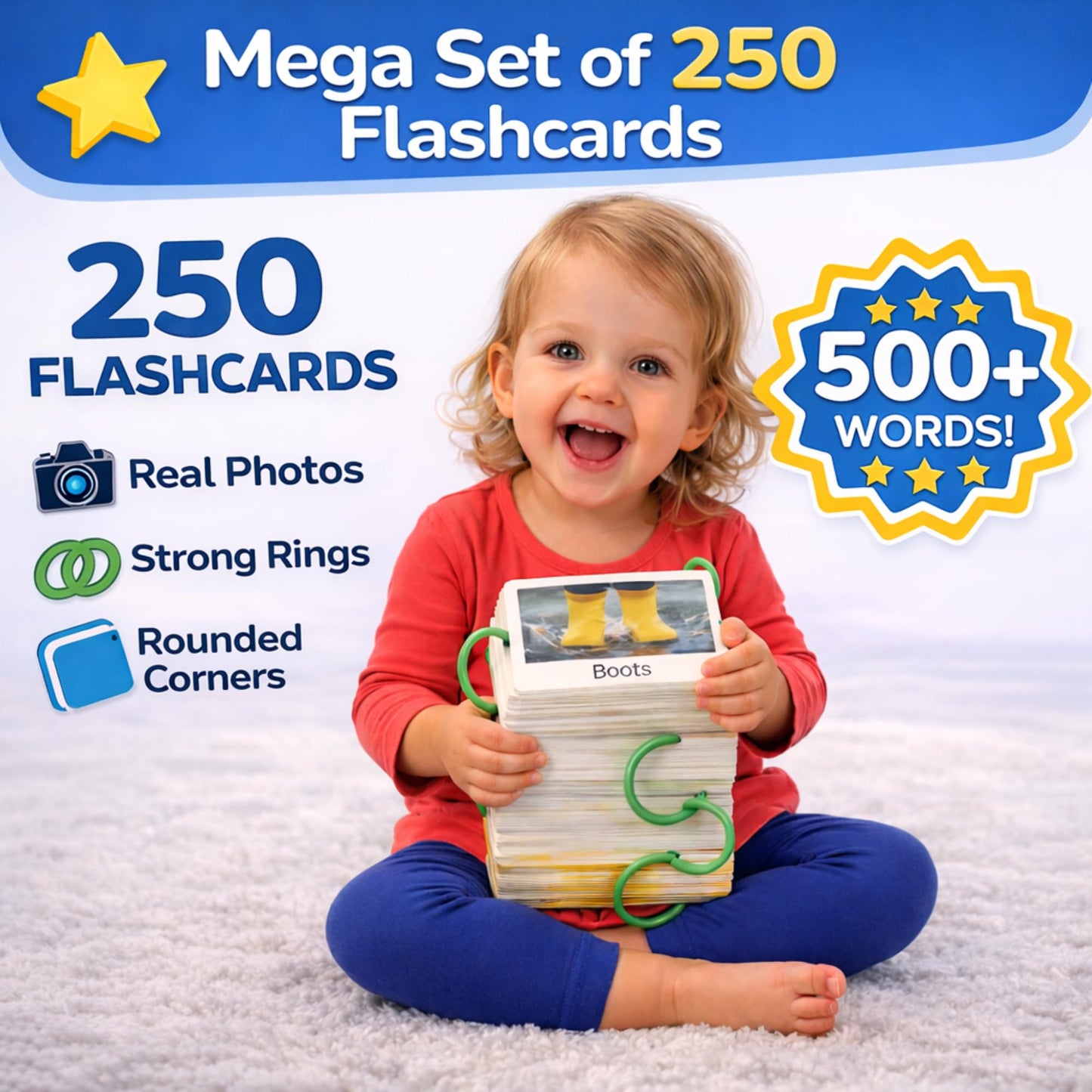 250 Flash Cards for Toddlers 1-3 with Rings, Toddler Flashcards with ABC Flash Cards Included, Improve Talking Flash Cards, Toddler Flash Cards 1-2