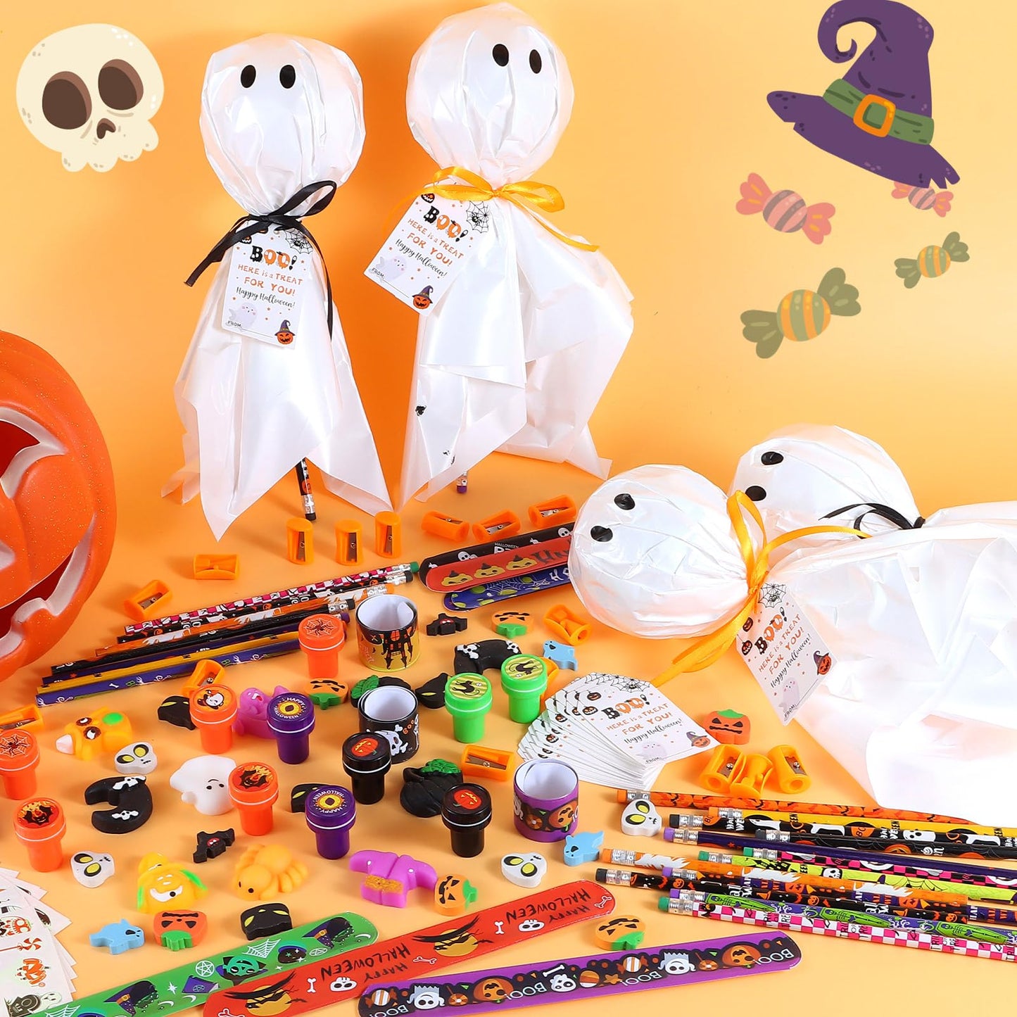 LiYiQ 24Pack Halloween Party Favors, Halloween Classroom Gifts Giant Lollipop Gifts for Birthday Party with Gift Cards, Pencils, Erasers, Stickers, Sharpener for Classroom Exchange Party Gift