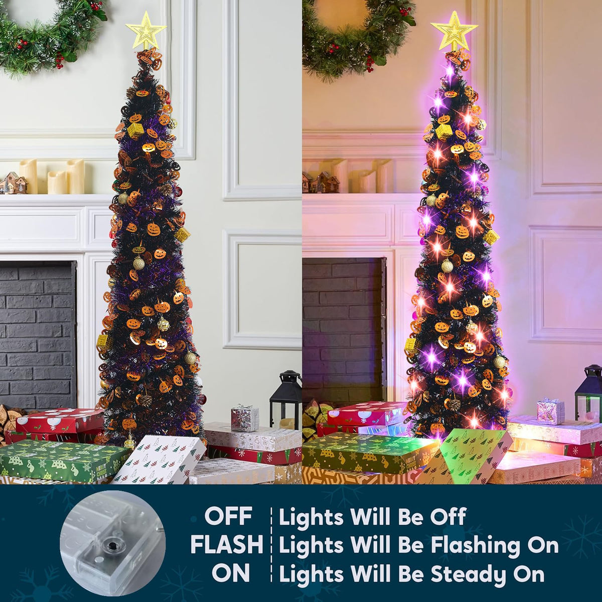Halloween Tree Decorations with 100LED Lights 5FT Pop Up Tree with Hanging Pumpkin＆12 Pcs Ornaments, Tinsel Collapsible Artificial Pencil Tree Holiday Decoration for Home, Black Purple