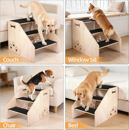 Dog Step, Wooden 3-Step Dog Stairs for High Beds & Couches, Non-Slip Pet Stair Ladder for Small Dogs, Puppies & Older Cats, 15.8 inch High