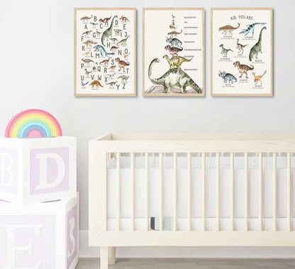 3Pcs Kids Dinosaur Species Wall Art Dinosaur Alphabet Canvas Painting Boys Room Wall Decor Tyrannosaurus Encyclopedia Educational Posters Prints Teen Cool Pictures for Home Classroom Nursery Unframed