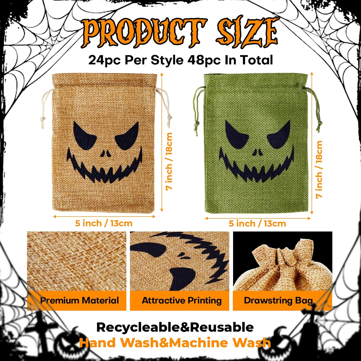 NFAMRZCAR 48 Pcs Halloween Burlap Treat Bags Gift Bags 5"x7" Drawstring Oogie Halloween Trick or Treat Burlap Bag Candy Bags for Party Favors Supplies (Colorful, 2 STYLE 48PC)