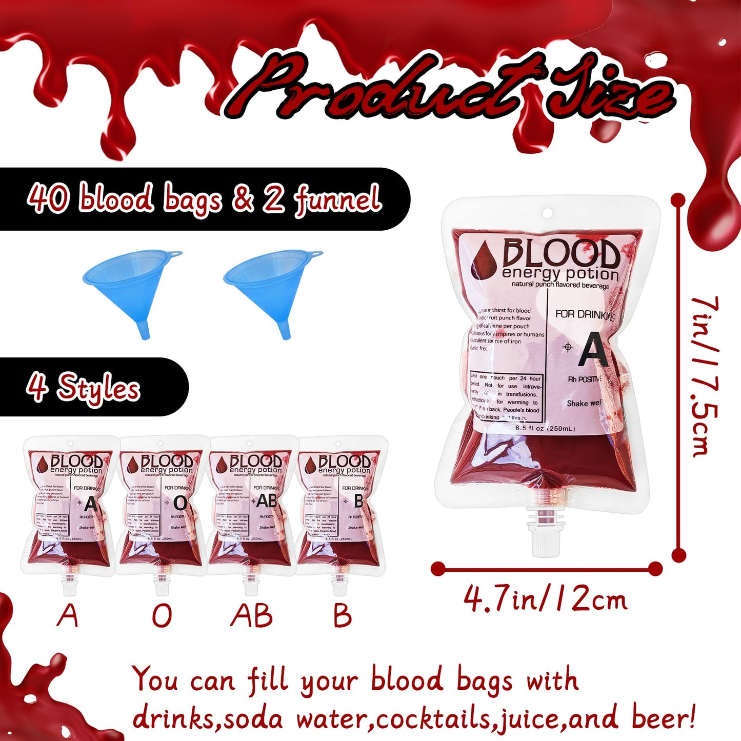 40 Pack Blood Bags for Drinks,8.5oz Halloween Decoration Drink Container,Reusable Food Grade Drink Pouches with Funnel,Nurse Party Decorations Halloween Party Favors