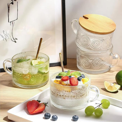 Vintage Glass Coffee Mugs 4 Set, 14oz Overnight Oats Containers with Bamboo Lids and spoon, Glass Tea Cups, Coffee Bar Accessories, Ideal Birthday, Holiday Gifts for Women