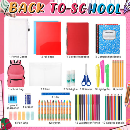 Gilprop 79 Pcs Back to School Supplies Box for Kids K-5 Students Elementary Middle School Supplies Kit Bundle Bulk Essential Pen Notebook Stationery for Primary Student Classroom(Pink)