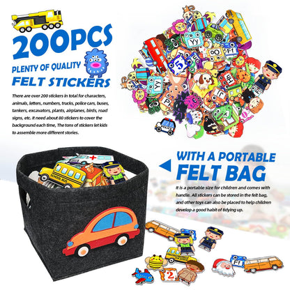 200 PCS Felt Board Story Set for Toddlers with Storage Bag City Car Traffic Themed 40 X 28 inch Teaching Wall Flannel Board Kit for Preschool Activity Early Learning Interactive Storytelling(Darkgrey)