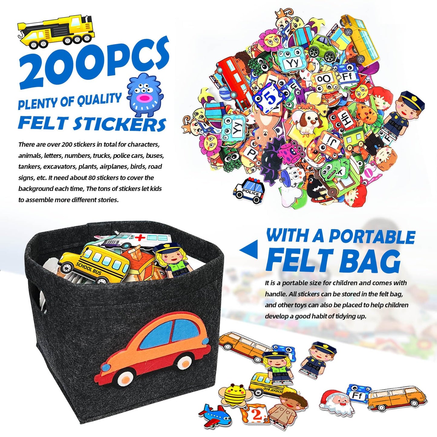 200 PCS Felt Board Story Set for Toddlers with Storage Bag City Traffic Themed Flannel Sensory Board Wall Interactive Storytelling Teaching Play Activity Kits 40x28 inch(Lightgrey)