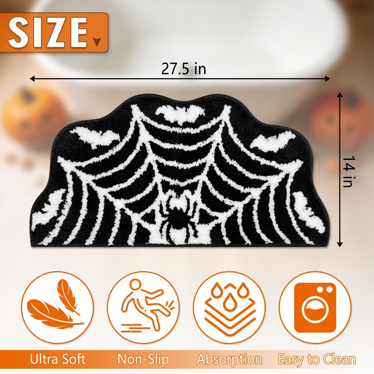Hexagram Spider Web Bath Mat, Halloween Bathroom Rug 14x27.5 Inches, Halloween Rugs Bathroom Decor, Black Gothic Bath Mat, Ultra Soft Great Absorbency