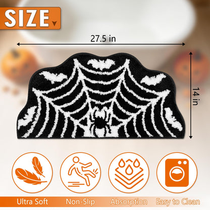 Hexagram Spider Web Bath Mat, Halloween Bathroom Rug 14x27.5 Inches, Halloween Rugs Bathroom Decor, Black Gothic Bath Mat, Ultra Soft Great Absorbency