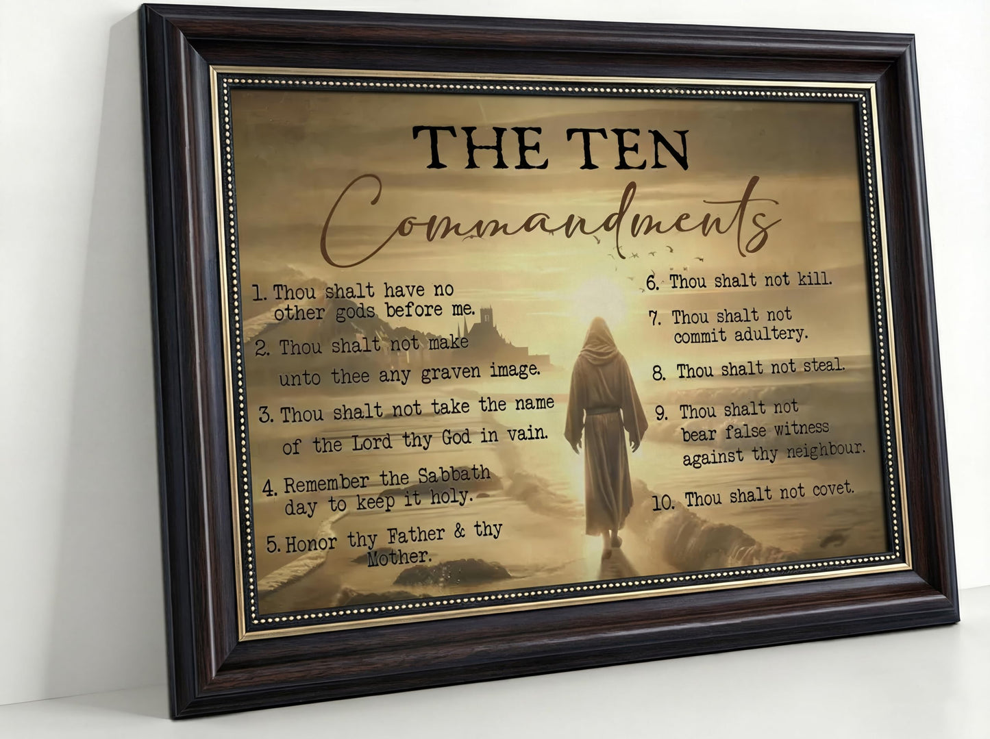 Dark Brown Framed The Ten Commandments Canvas Wall Art Jesus Christ Wall Decor Picture Christian Inspirational Quotes Poster Print Painting for Church Living Room Bedroom Home Decoration