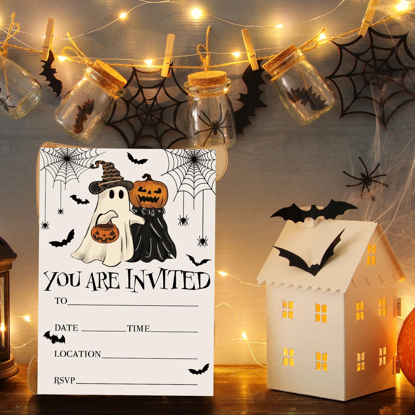 JarThenaAMCS 25 Sets Halloween Party Invitations with Envelopes Stickers Beige Black Pumpkin Ghost Bat Invites for Halloween Celebration, 5 x 7 Inch