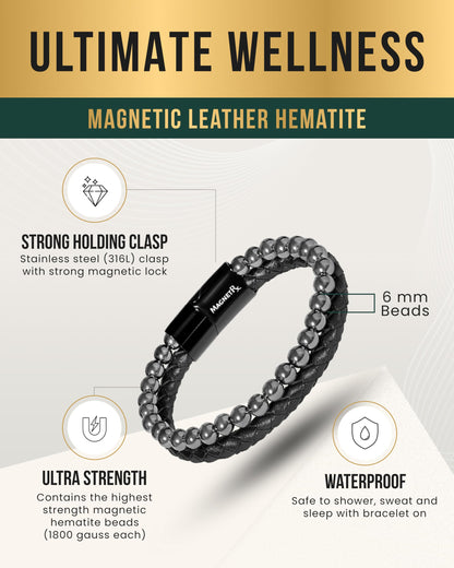 MagnetRX® Hematite & Leather Magnetic Bracelet – Max Strength Natural Stones – Beaded Magnetic Hematite Bracelets (Medium)