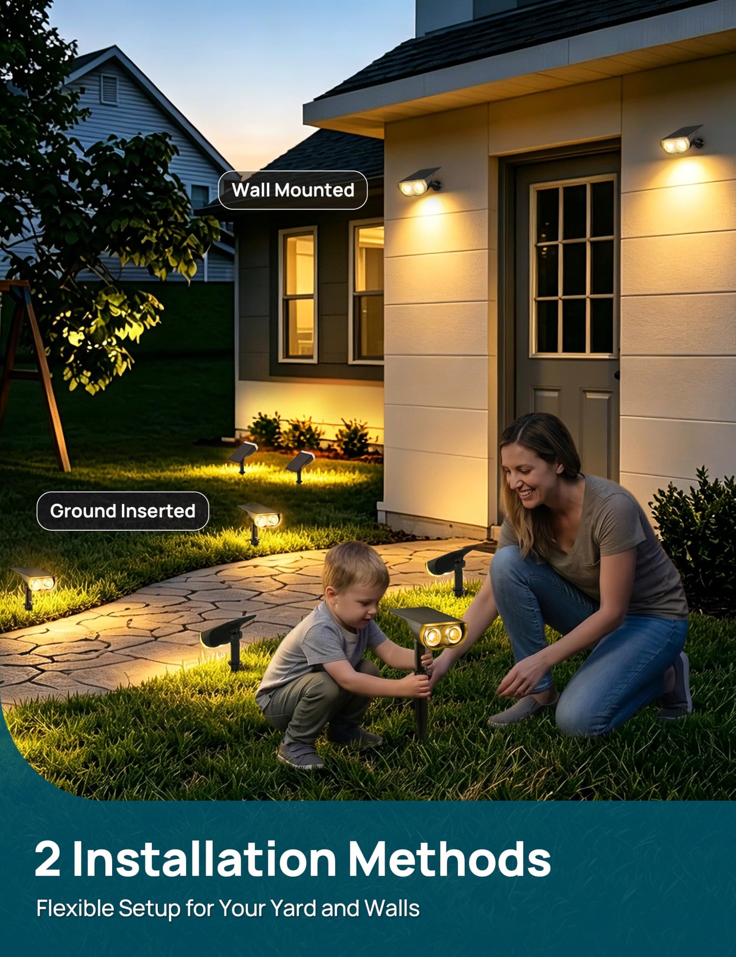 Linkind Solar Lights Outdoor Waterproof IP65, StarRay Dusk-to-Dawn Outdoor Solar Lights, 3 Lighting Modes Solar Spot Lights Outdoor for Garden, Yard, Landscape (Warm White, 2 Pack)