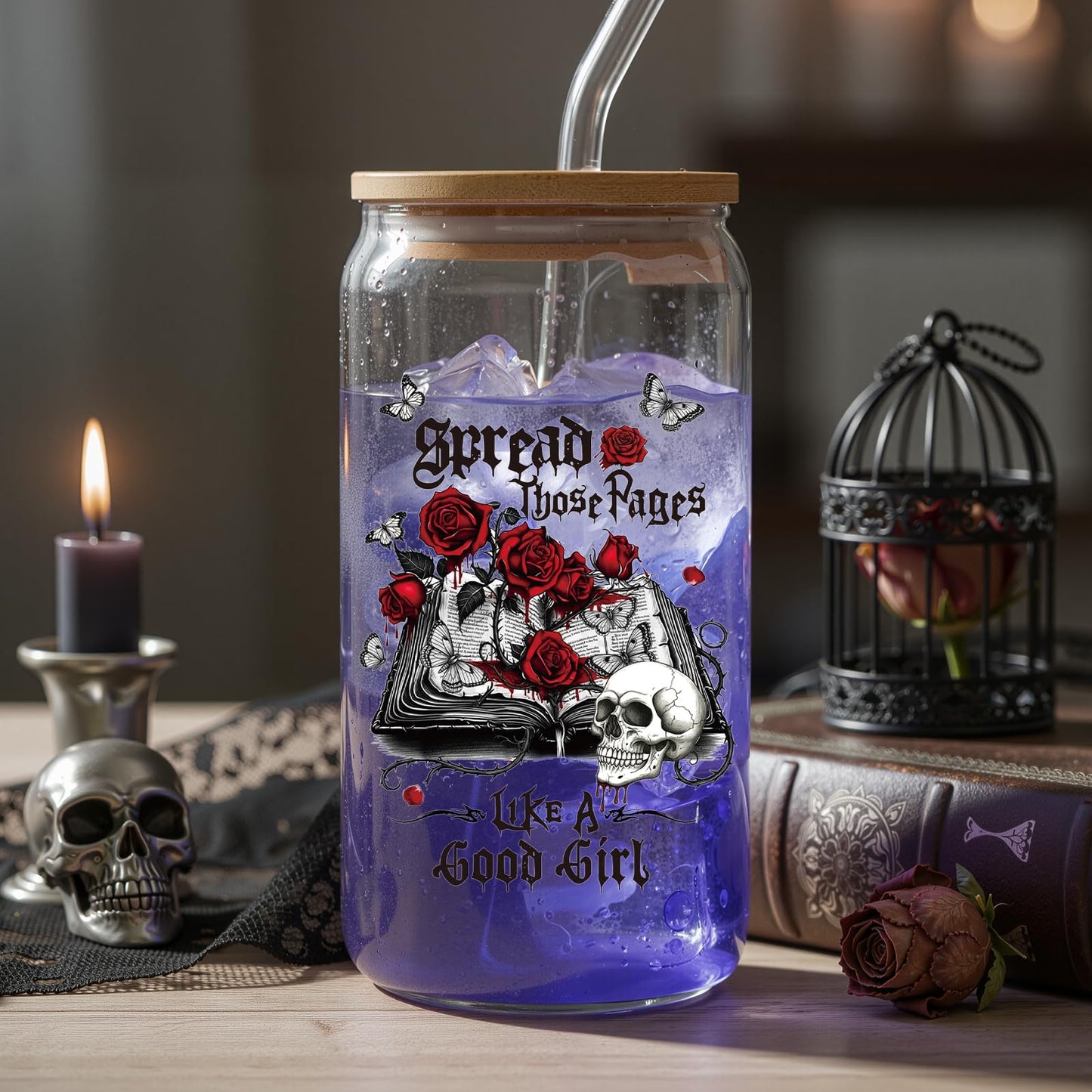 Deorfuy Gothic Glass Cup Gifts for Women Girls, 16 Oz Dark Romance Theme Glass Cup with Lids Straw Gifts, Spooky Skeleton Halloween Tumbler Present