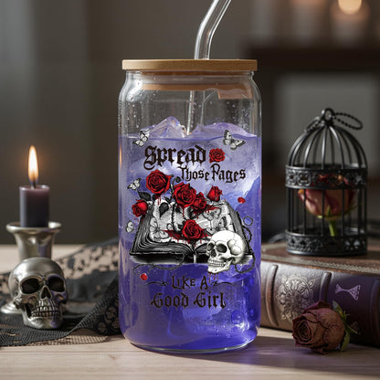 Deorfuy Gothic Glass Cup Gifts for Women Girls, 16 Oz Dark Romance Theme Glass Cup with Lids Straw Gifts, Spooky Skeleton Halloween Tumbler Present