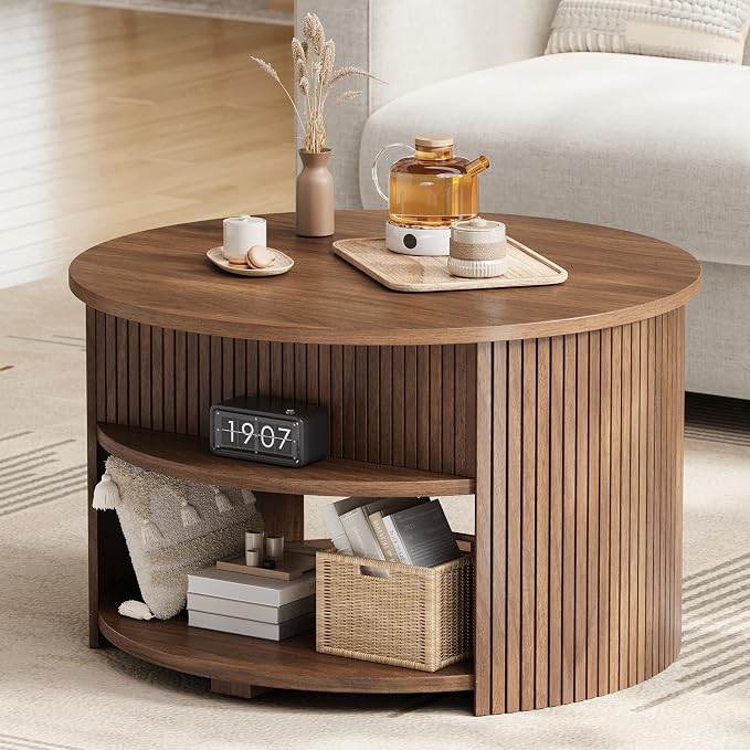 31.5" Round Lift Top Coffee Table with Storage, Fluted Mid-Century Modern Coffee Tables for Living Room, with Hidden Compartment, for Small Spaces & Home Office, Walnut