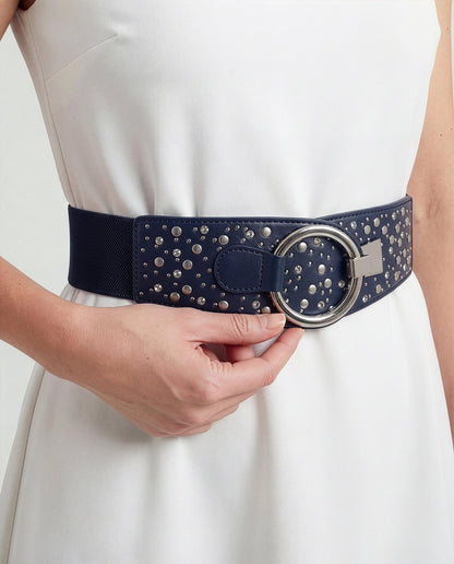 BlackButterfly Wide Elastic Stretch Retro Metal Interlock Buckle Belt (Midnight Blue, L)