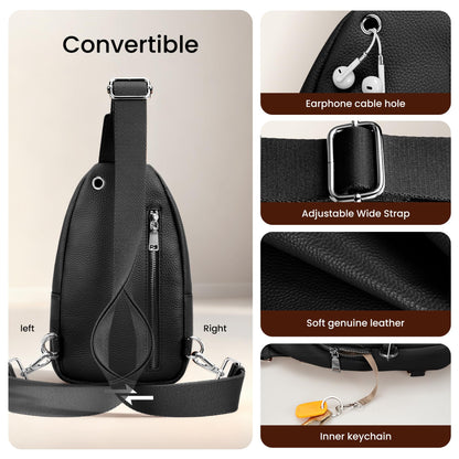 befen Black Genuine Leather Small Sling Bag for Women Anti-Theft Crossbody Chest Bags Multi-Pockets Fanny Pack with RFID Card Slots for Travel