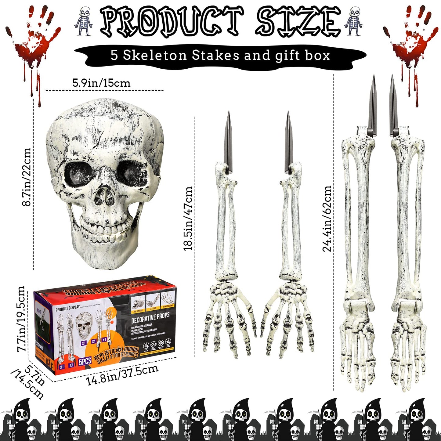 Leyndo 5 Set Realistic Skeleton Coming Out of the Ground Halloween Groundbreaking Stakes Decoration, Moveable Skeleton Skull, Arms, Legs & Feet for Outdoor Yard, Garden, Graveyard Halloween Decor