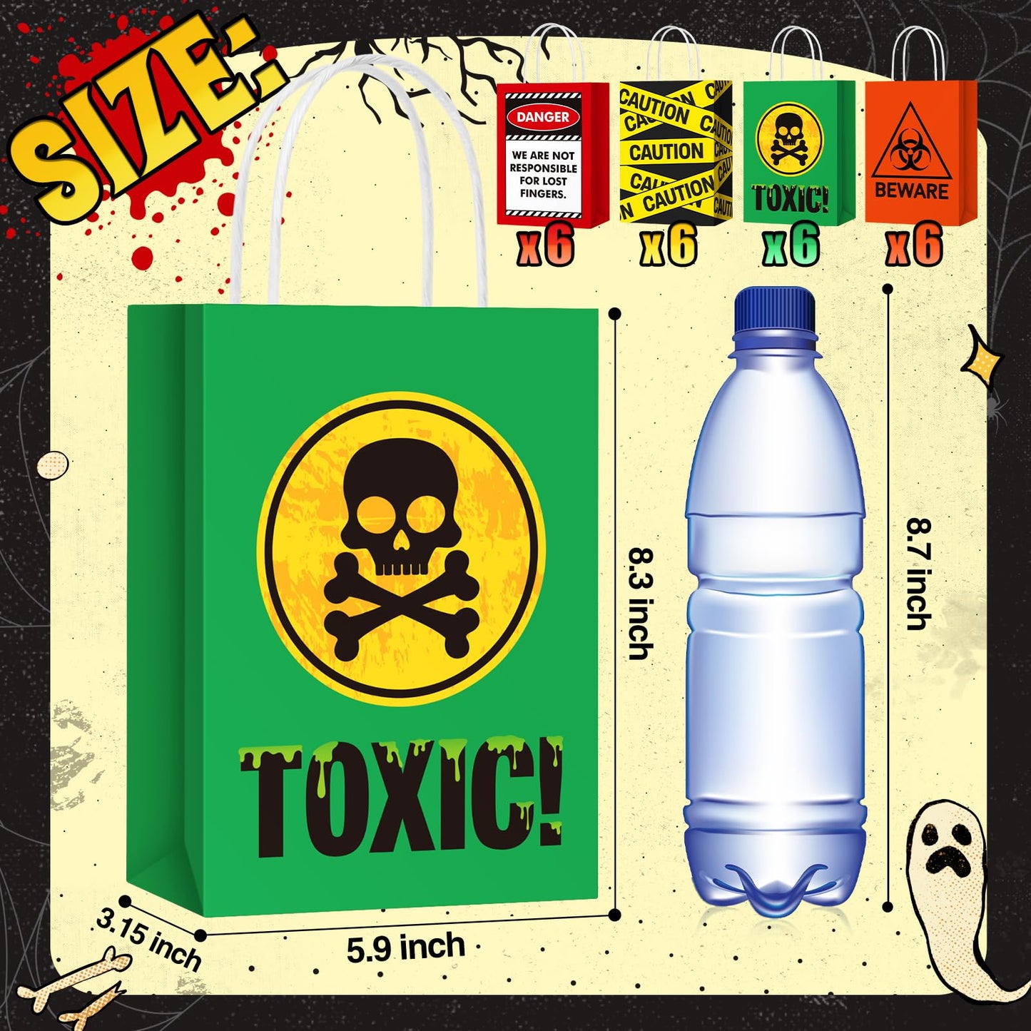 TaoBary 24 Pcs Halloween Biohazard Treat Bags Spooky Halloween Caution Gift Bags with Handles Beware of Danger Zombie Theme Horror Party Favors for Candy Goodie Snacks Holiday Party Supplies