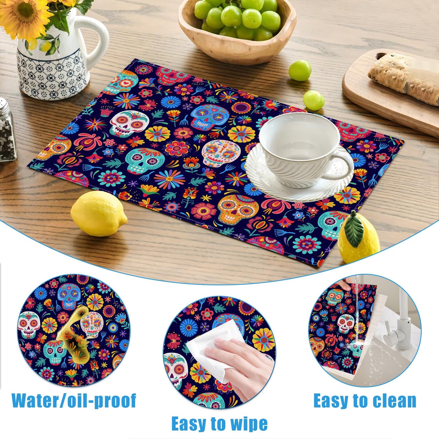 Sugar Skull Mexican Día de Los Muertos Placemats Set of 6, Halloween Washable Linen Place Mat Heat Resistant Non Slip Kitchen Dining Table Mats 12x18 Inch