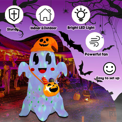 JOYEASE 5FT Halloween Inflatable Cute Ghost with Witch Hat Carrying Pumpkin Candy Can, Blow Up Spooky Ghost Decor Build-in LED Light for Holiday Yard Lawn Garden Decorations