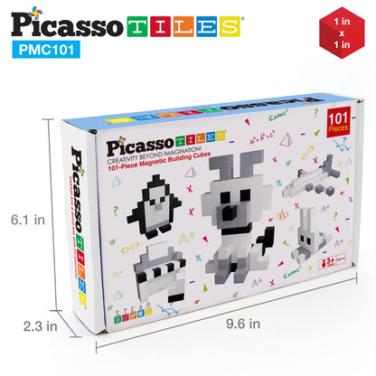 PicassoTiles 101pc Magnetic Puzzle Cube Set Black and White 1 Inch Construction Blocks STEM Educational Toy for Kids Age 3 Plus Sensory Learning Kit with Idea Book for Building and Creativity PMC101