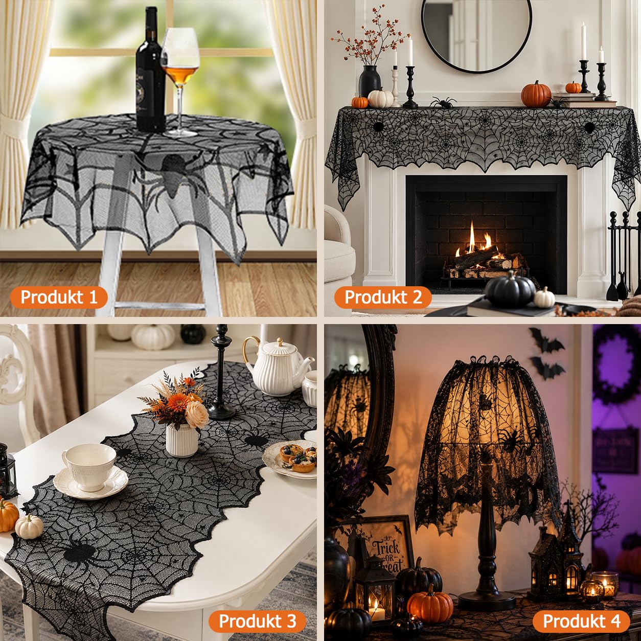 8Pack Halloween Decorations Indoor Halloween Decor, Spider Web Table Cloth/Black Lace Table Runner, Fireplace Mantel Scarf, Cobweb Lampshade with 3D Bat Wall Stickers, Halloween Spooky Home Decor.
