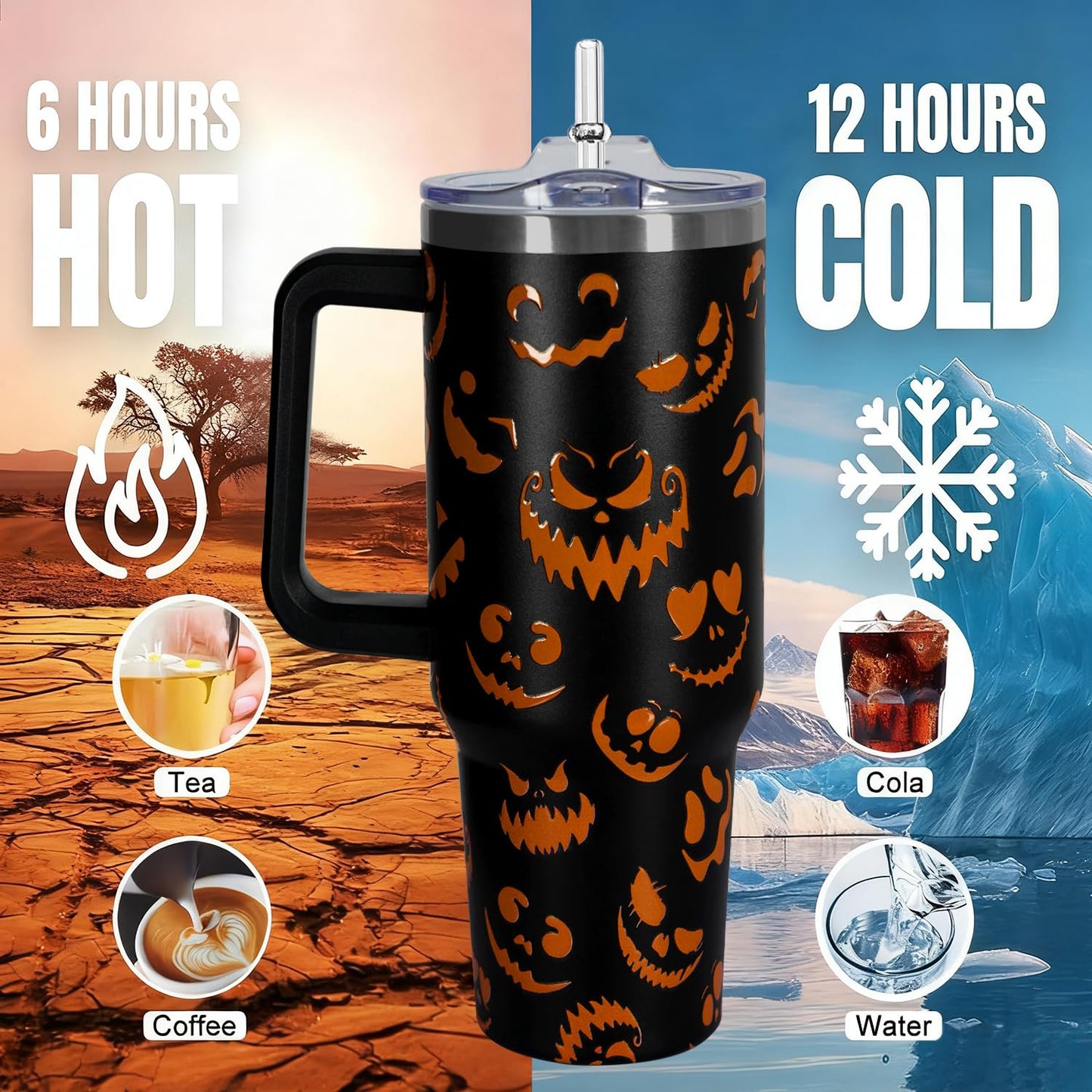 CHOKOMETRY 40 oz Halloween Tumbler With Handle Lid and Straw,5D Orange Pumpkin Ghost Face Print Tumblers,Halloween Stainless Steel Insulated Travel Mug Black Coffee Cup Gifts for Women Men Adults